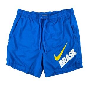 Nike Swim Trunks Mens M Blue Swoosh Brasil Logo Elastic Waist Drawstring Pockets